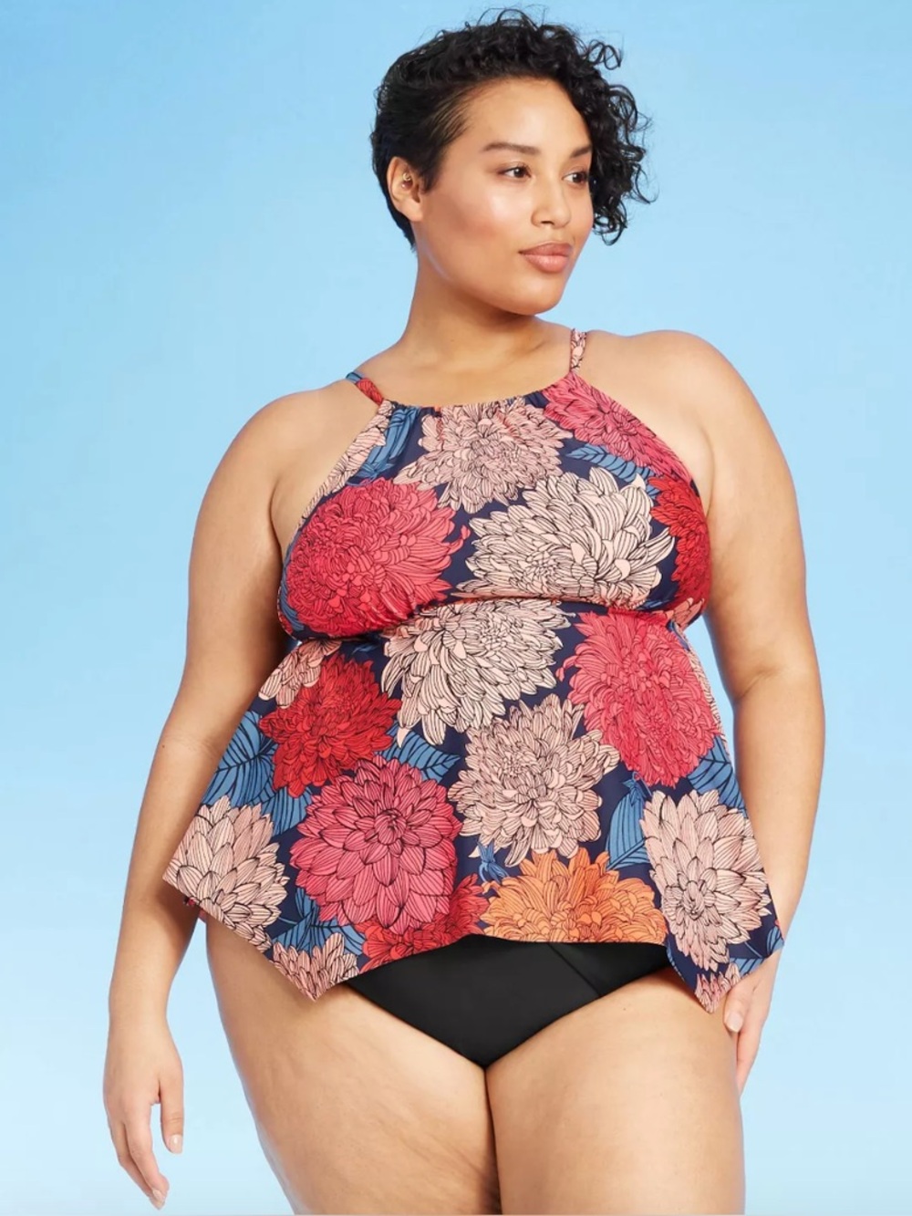 Kona Sol Plus Size Swim Navy Floral Halter Tankini Top with Coral Peach Blooms